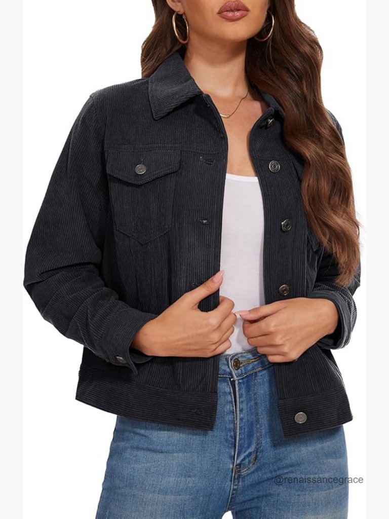 Corduroy Cropped Shacket Jacket With Flap Pockets Long Sleeve Button Down